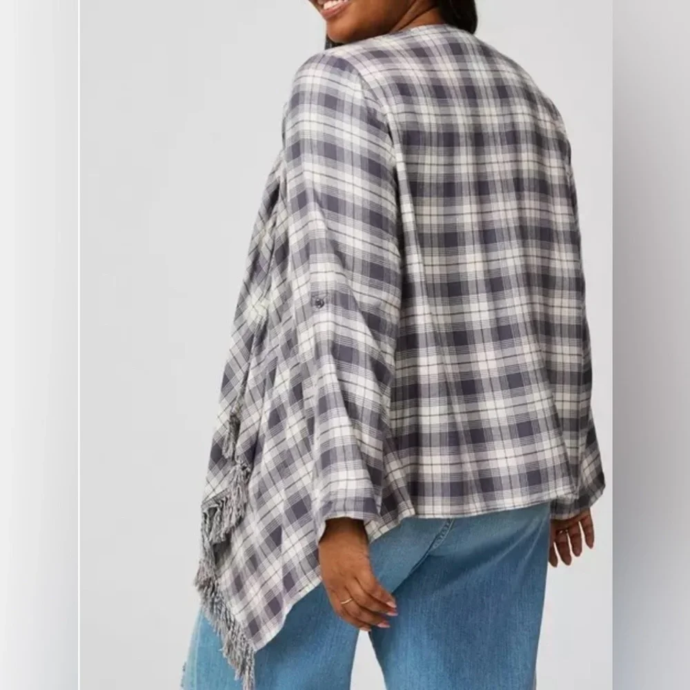 Plaid Fringe Shawl Cardigan